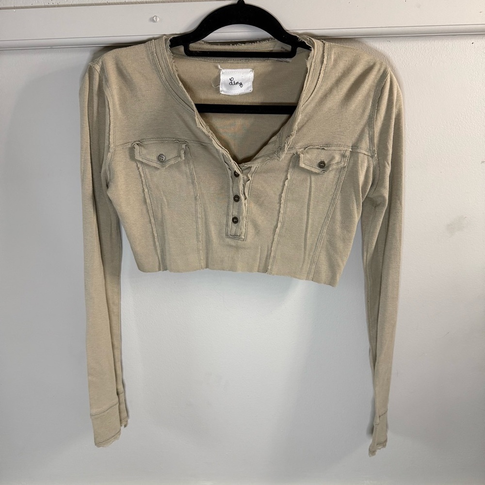 Linq Tan Green Long Sleeve Super Crop Top Pocket Seam Detail